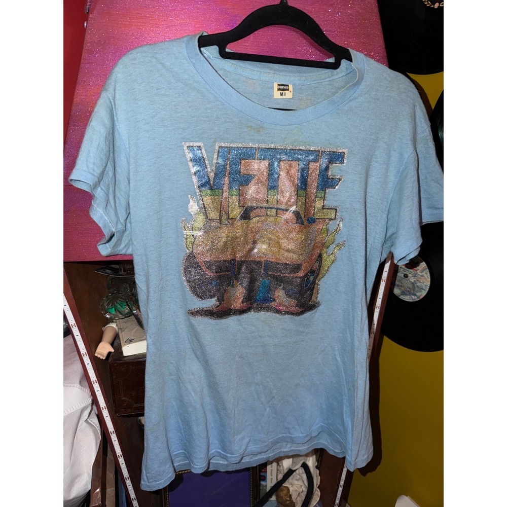 Vintage 70s Corvette Glitter Iron On T-Shirt Hanes Single Stitch Blue Vette Tee